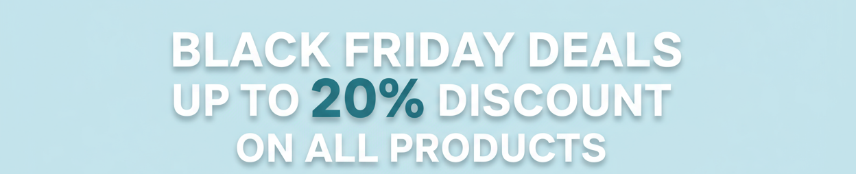 Maak een afbeelding waar erom staat: Black friday deals up 20% discount on all products. alle woorden beginnen met een hoofdletter en de achtergrond moet pastelblauw zijn en maak de resolutie gepst voor de pc versie van de website