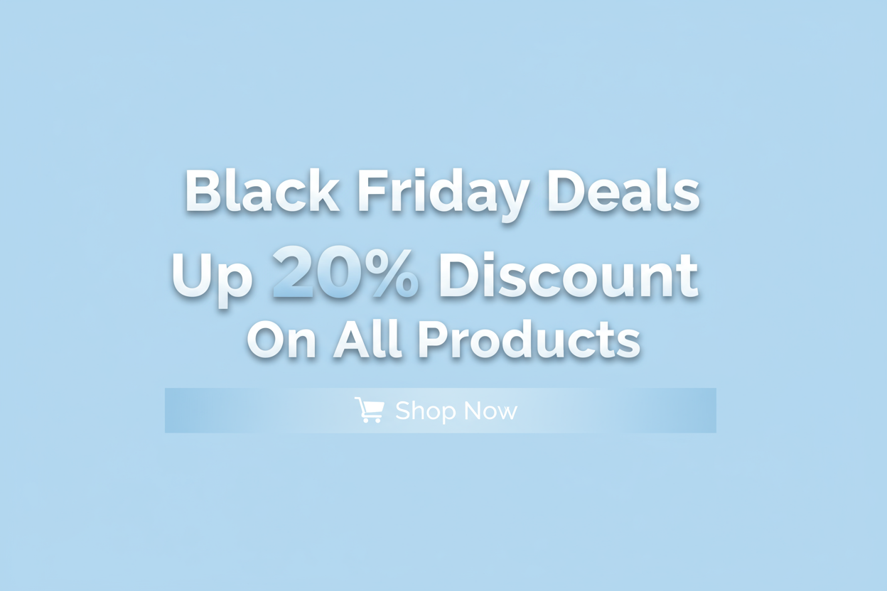 Maak een afbeelding waar erom staat: Black friday deals up 20% discount on all products. alle woorden beginnen met een hoofdletter en de achtergrond moet pastelblauw zijn